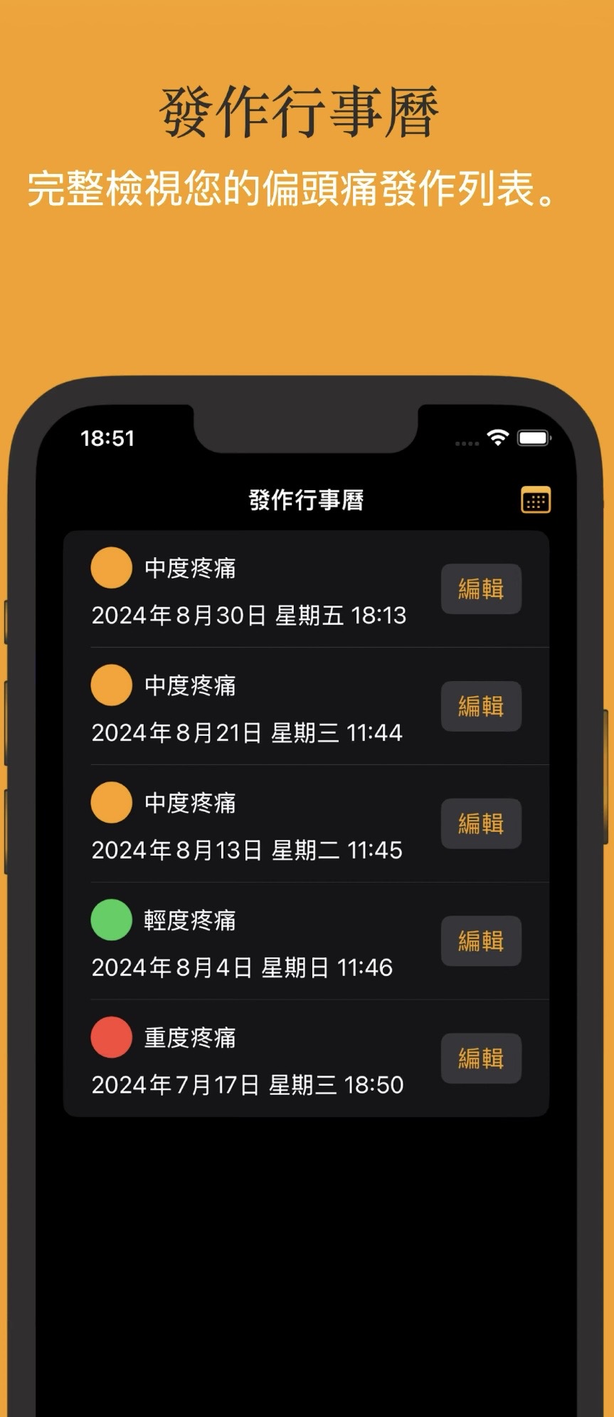 發作行事曆:完整檢視偏頭痛發作列表
